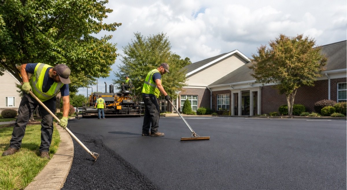 Fresh blacktop installation by an asphalt paving crew serving Allentown, Pennsylvania